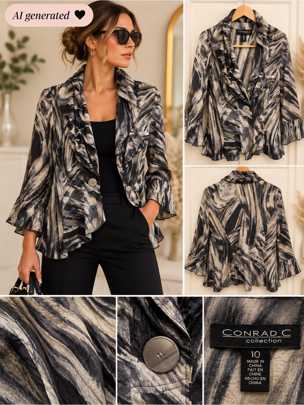 Conrad C Collection Abstract Print Ruffle Jacket | Size 10